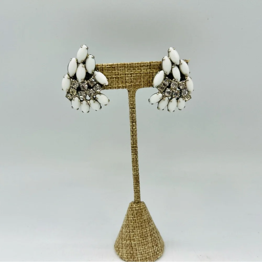 Vintage white glass rhinestone clip on earrings climbers milkglass